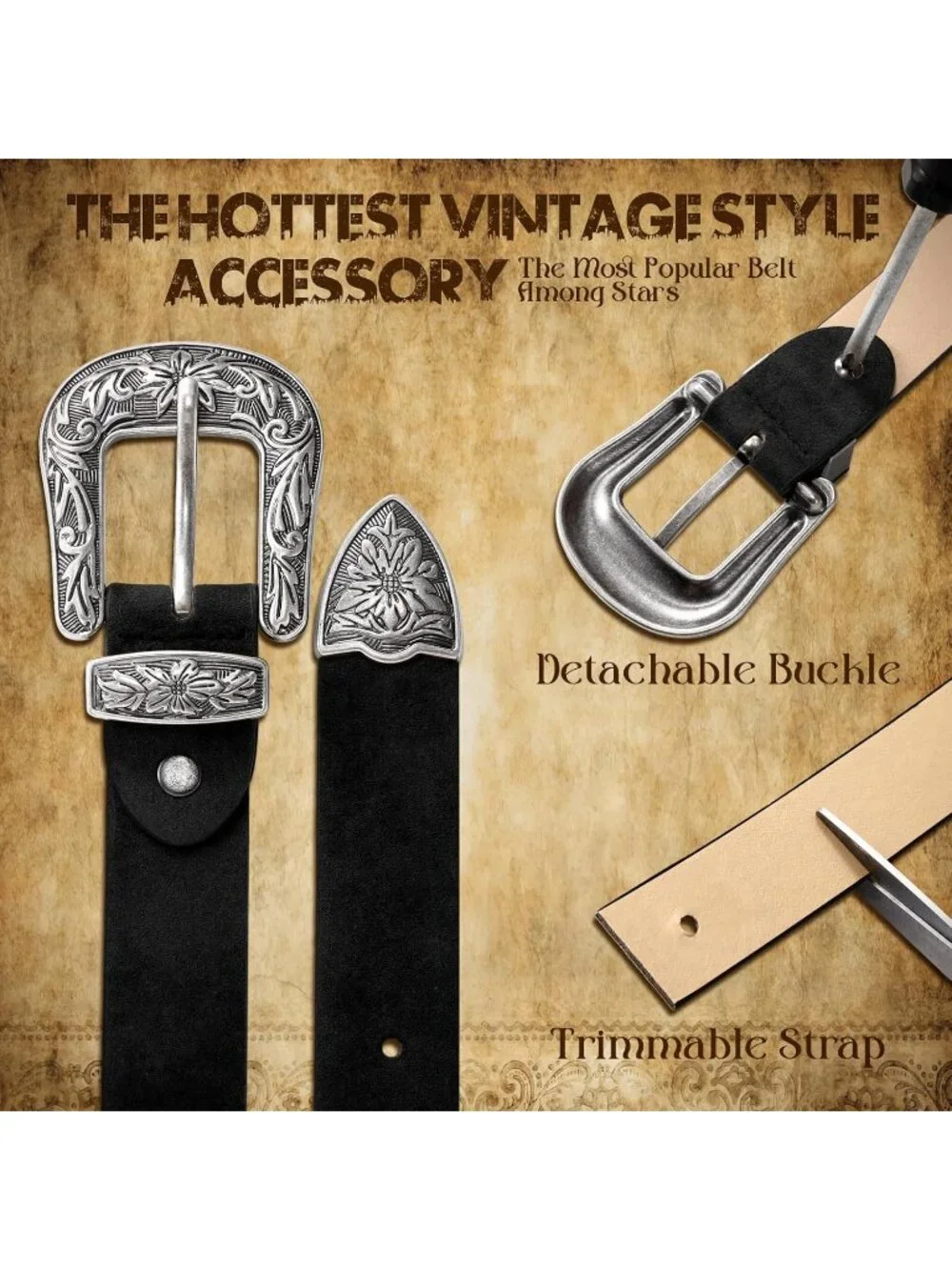 Women's Black(suede) Leather Waist Belts Vintage Western Design Silver Buckle